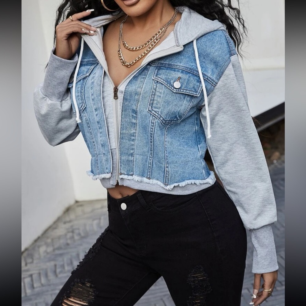 Raw Hem Mixed Media Denim Jacket